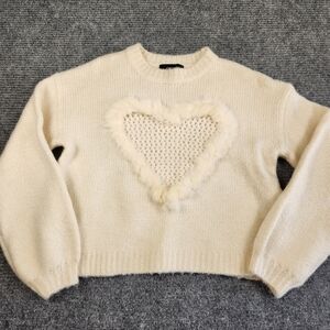 Cider Heart Sweater Fuzzy Ivory Cream Knit Size Small Cropped Boho Preppy